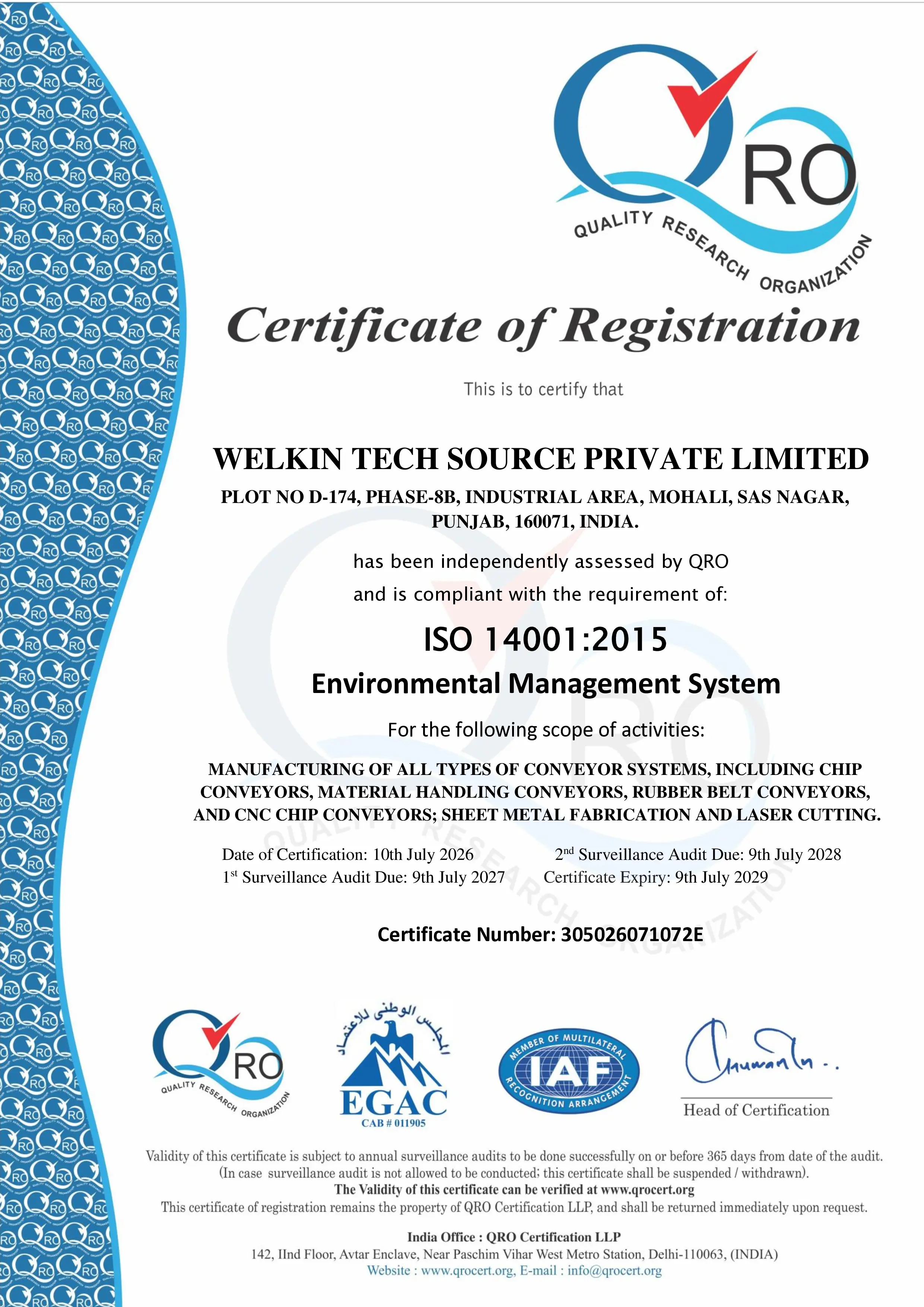 ISO 14001:2015 Environmental Management System Certificate